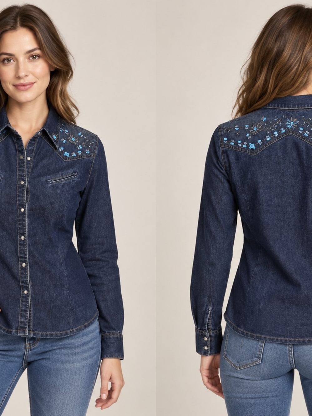 Wrangler Dark Indigo Denim Shirt with Blue Floral Embroidery